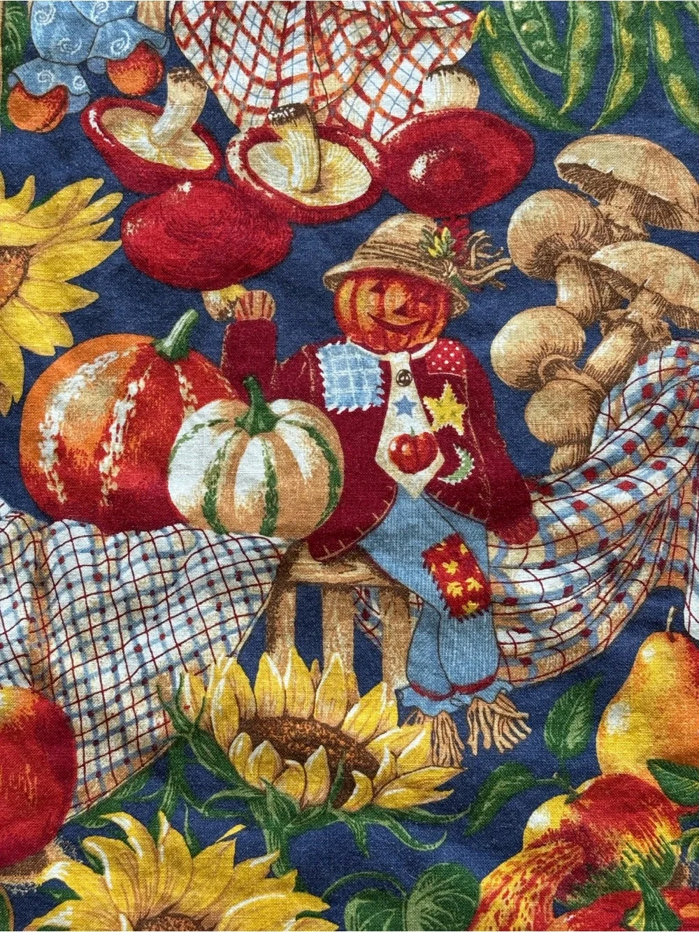 Vintage Joan Kessler Concord Fabric Tablecloth 47”x 41” Fall Sunflower Scarecrow
